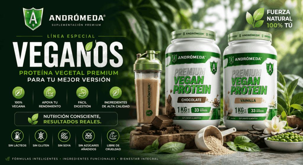 Andrómeda Premium Vegan Protein banner showing two jars (Chocolate and Vanilla) and a shaker on a wooden surface with green background.